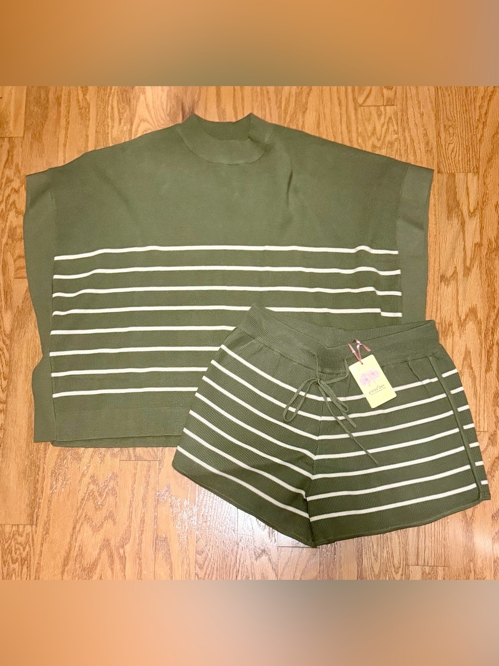 entro Olive Green Striped Knit Top & Shorts Set